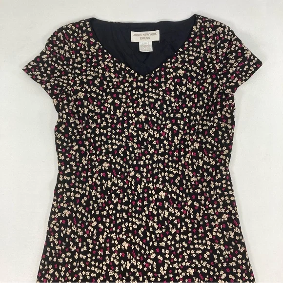 Jones New York Midi Dress Size 12 Women Black Floral Short Sleeve V Neck Pull On - Picture 13 of 16
